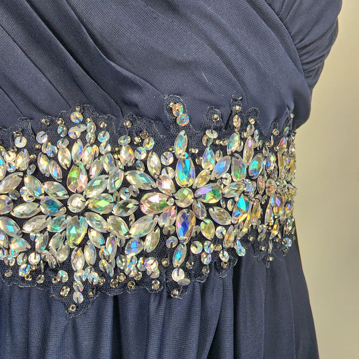 My Michelle Navy AB Crystal Chiffon Event Gown Size 24