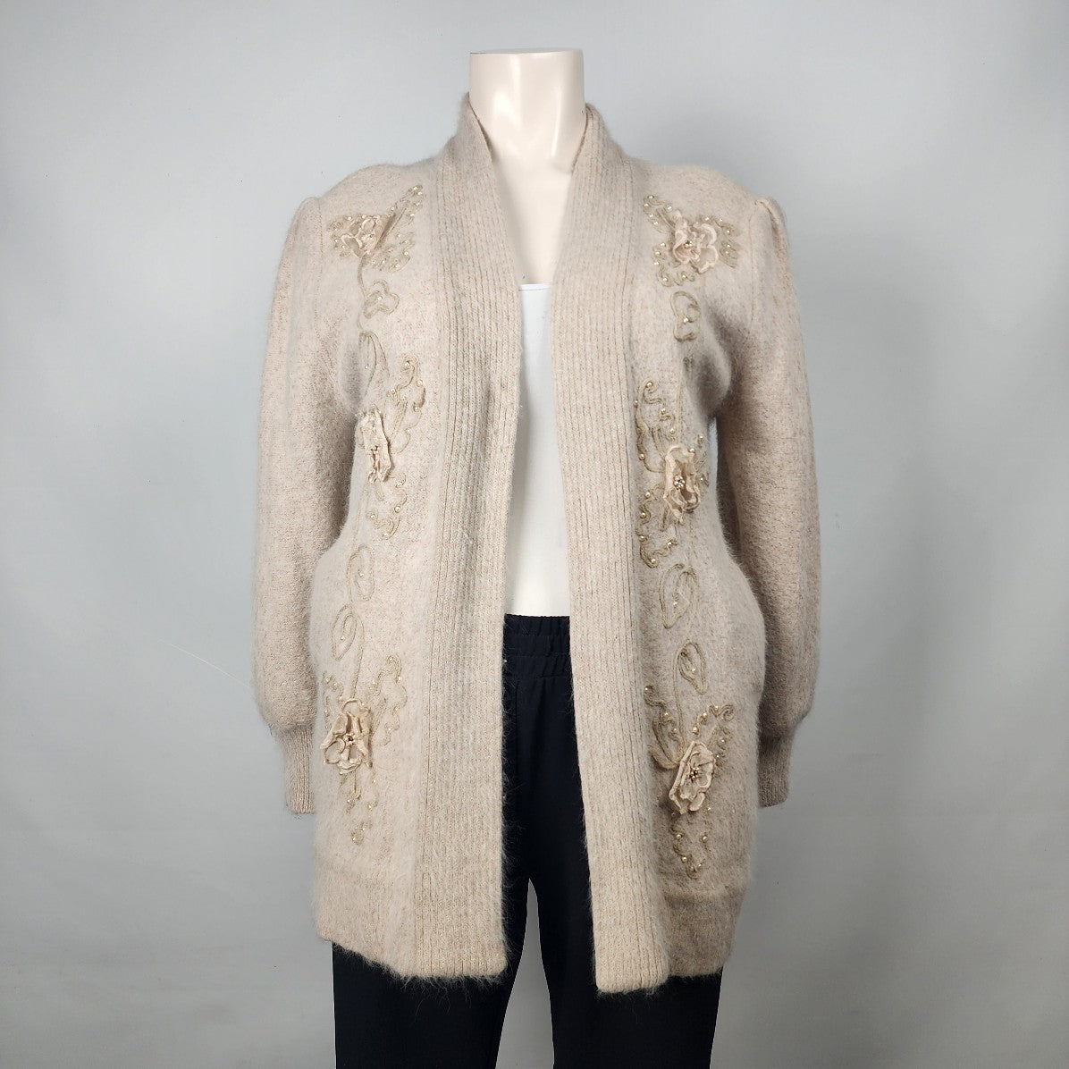 Vintage Red Coral Pink Nude Floral Embroidered Cardigan Size XL