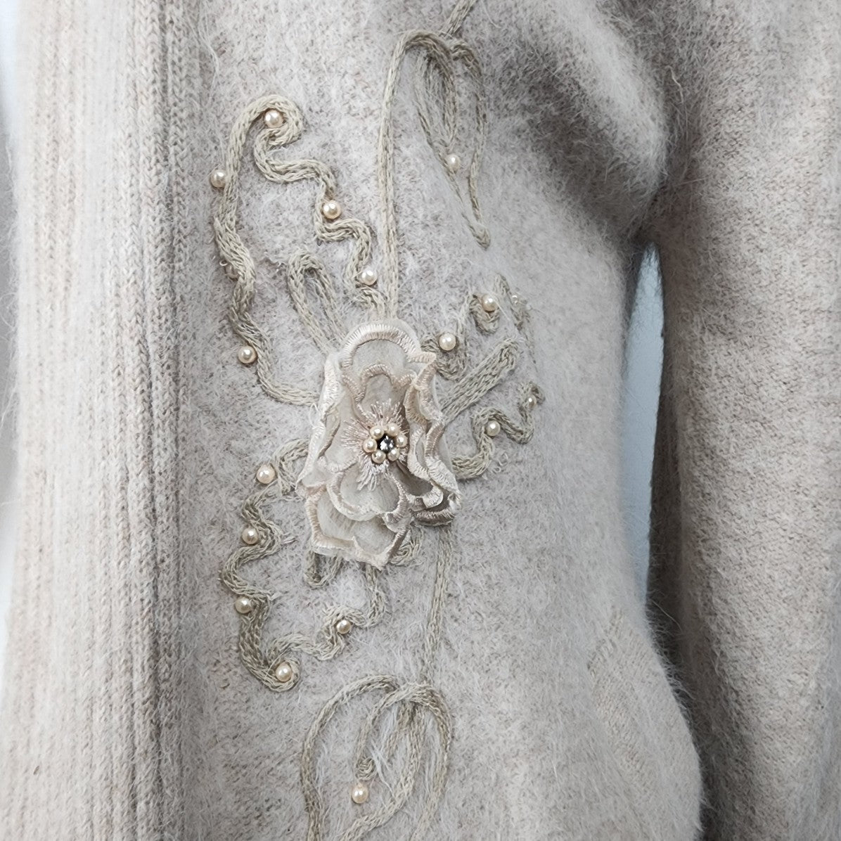 Vintage Red Coral Pink Nude Floral Embroidered Cardigan Size XL