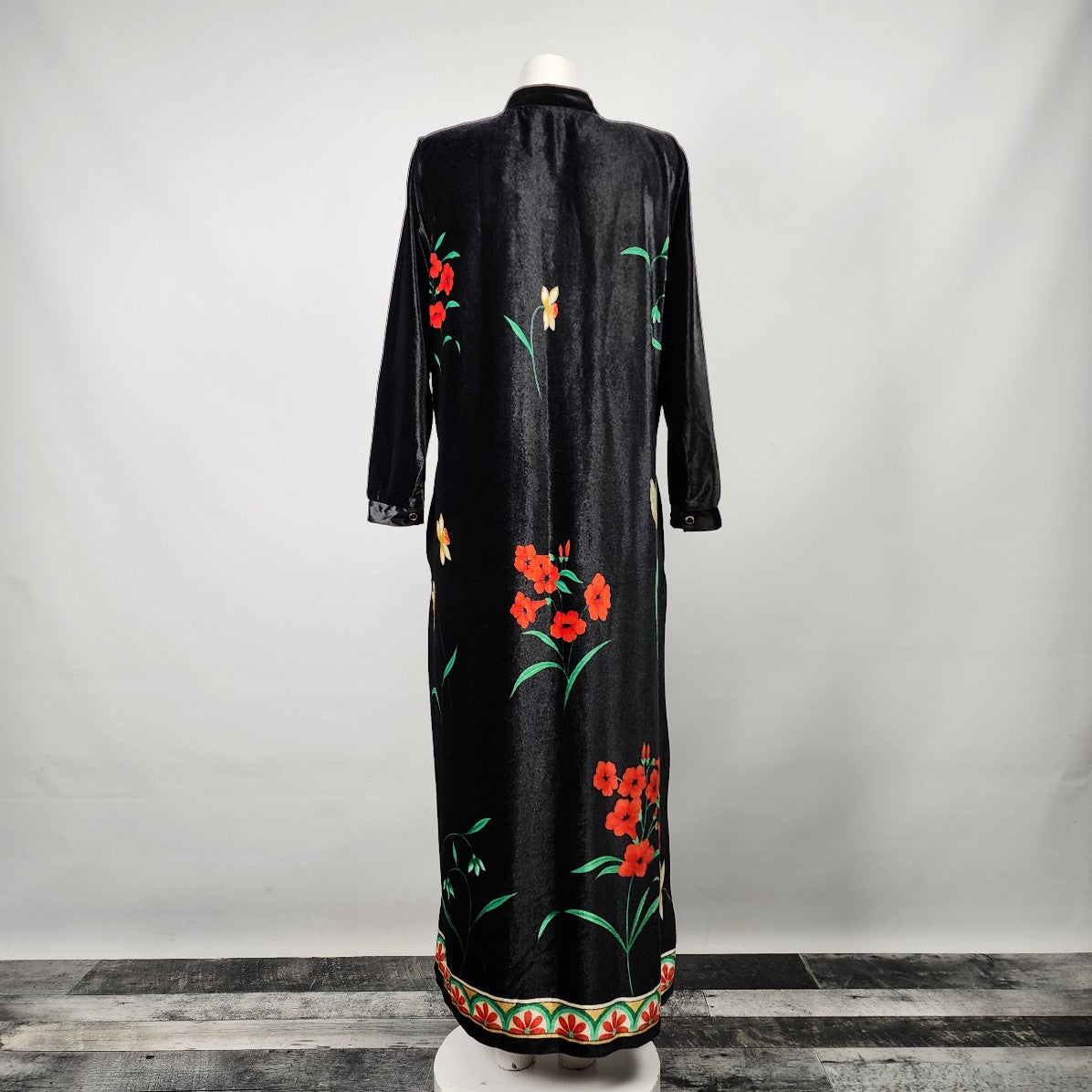 Vintage Miss Amigo Black Floral Velour Long Sleeve Dress Size L