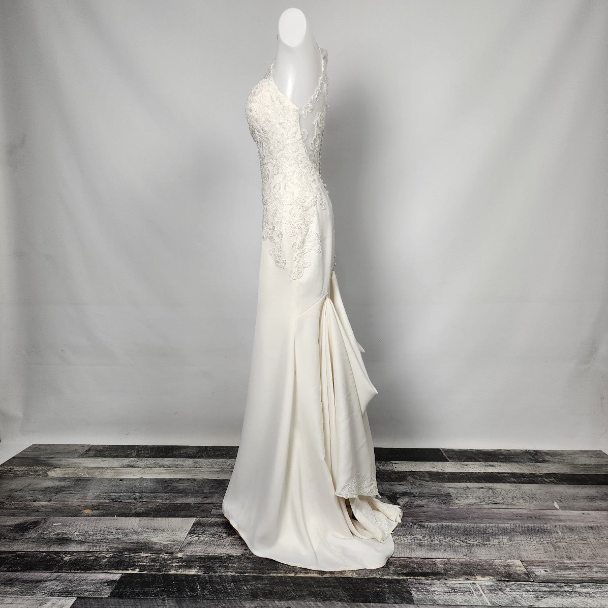 Stella York Crepe Beaded Lace Wedding Dress Size XS