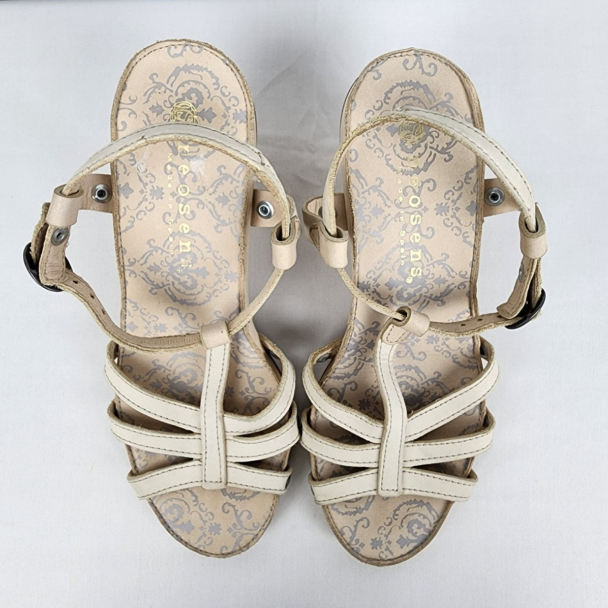 Neosense Brown Leather Carved Wood Heel Wedge Sandals Size 6