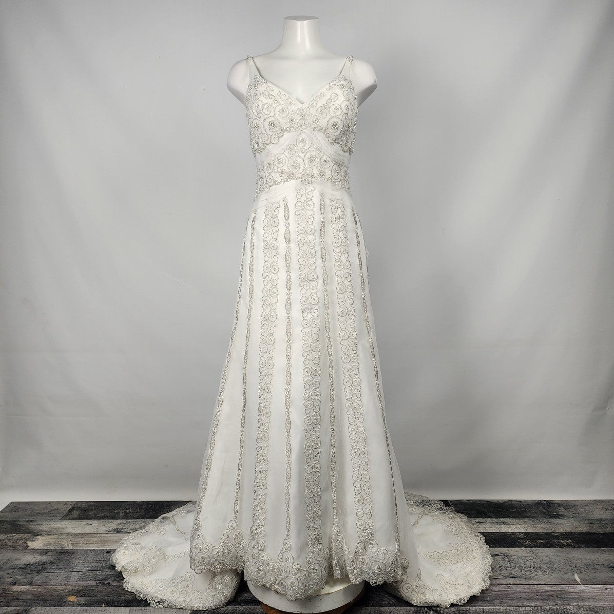 Mori Lee Silver Embroidered Sequined Lace Wedding Gown Size S/M