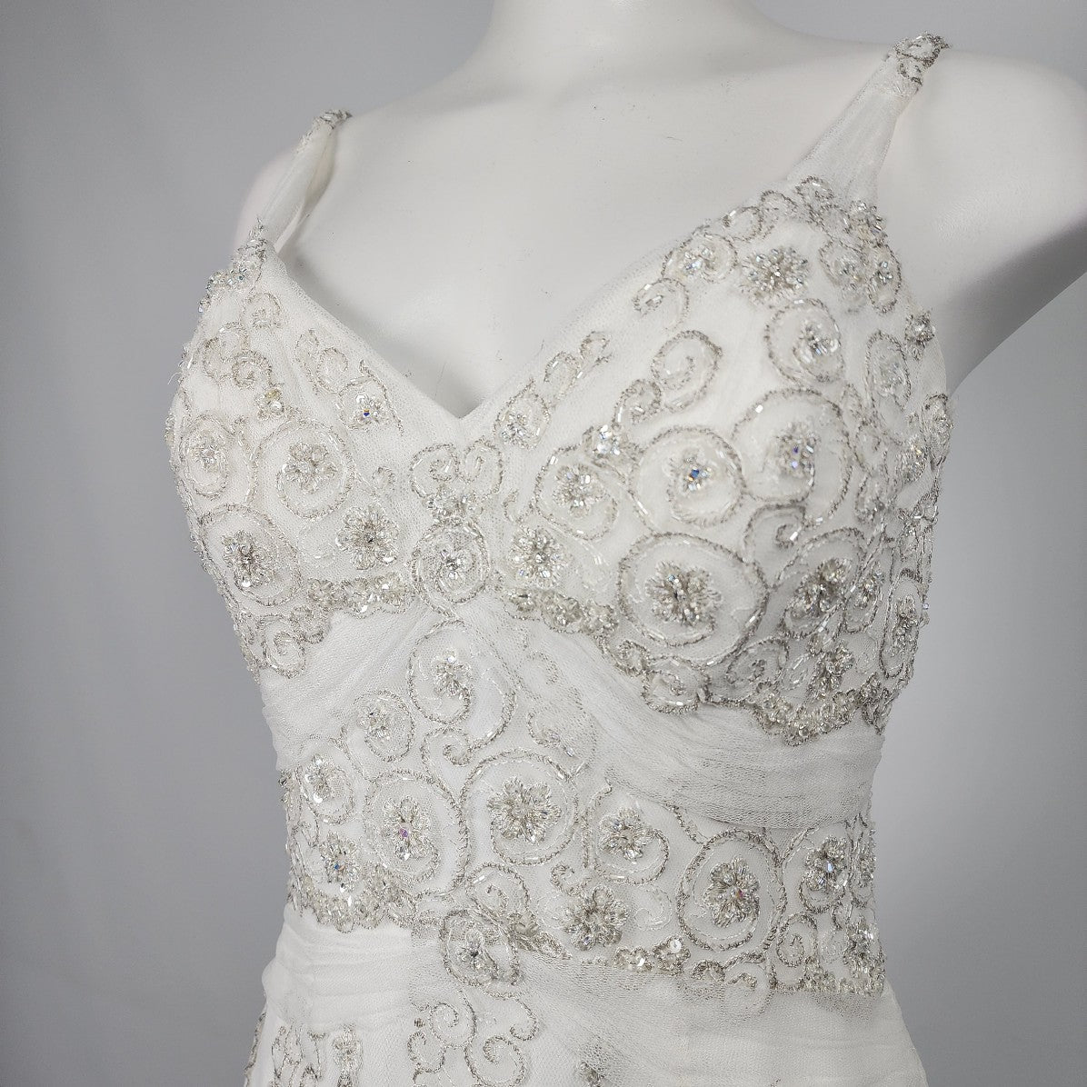 Mori Lee Silver Embroidered Sequined Lace Wedding Gown Size S/M