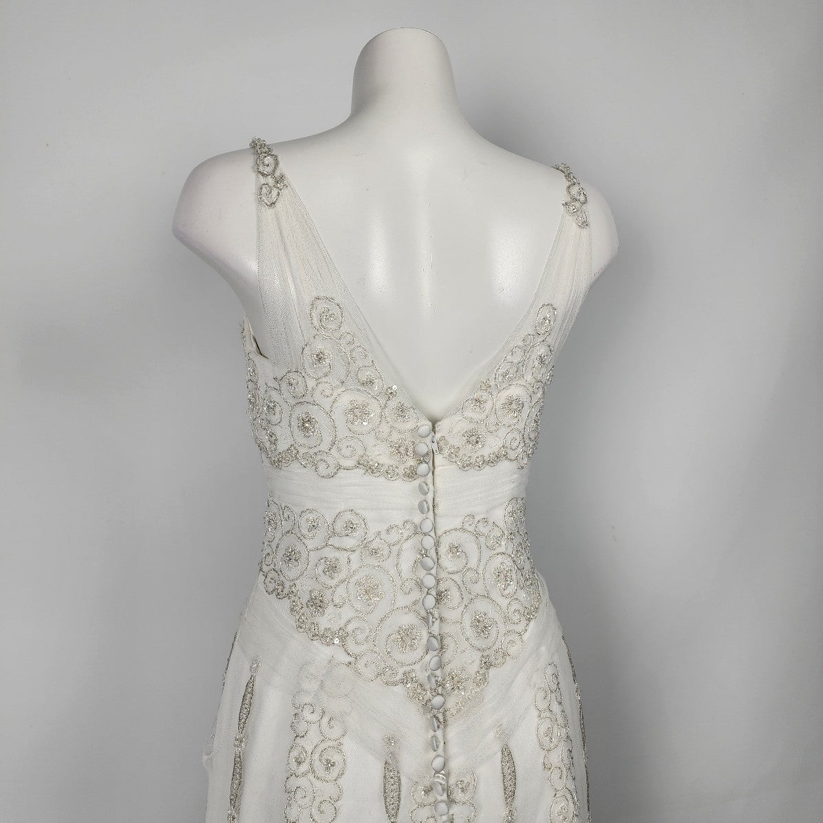 Mori Lee Silver Embroidered Sequined Lace Wedding Gown Size S/M