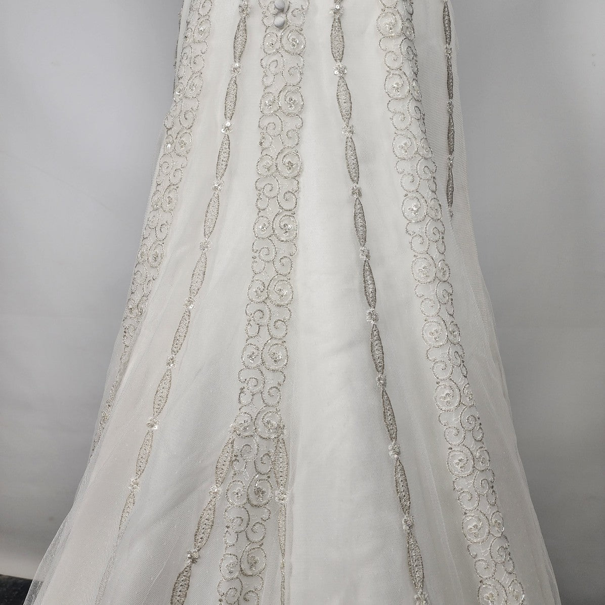 Mori Lee Silver Embroidered Sequined Lace Wedding Gown Size S/M