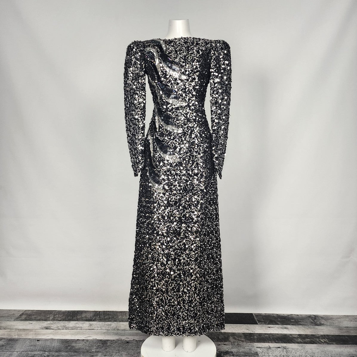 Vintage Black & Silver Metallic Sequined Long Gown Size S Worn At Billy Martin's Wedding 1988