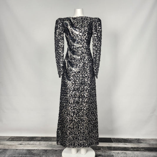 Vintage Black & Silver Metallic Sequined Long Gown Size S Worn At Billy Martin's Wedding 1988
