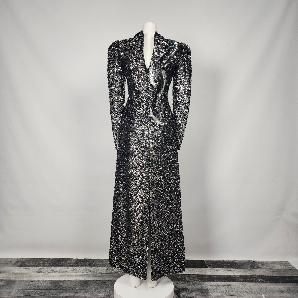 Vintage Black & Silver Metallic Sequined Long Gown Size S Worn At Billy Martin's Wedding 1988