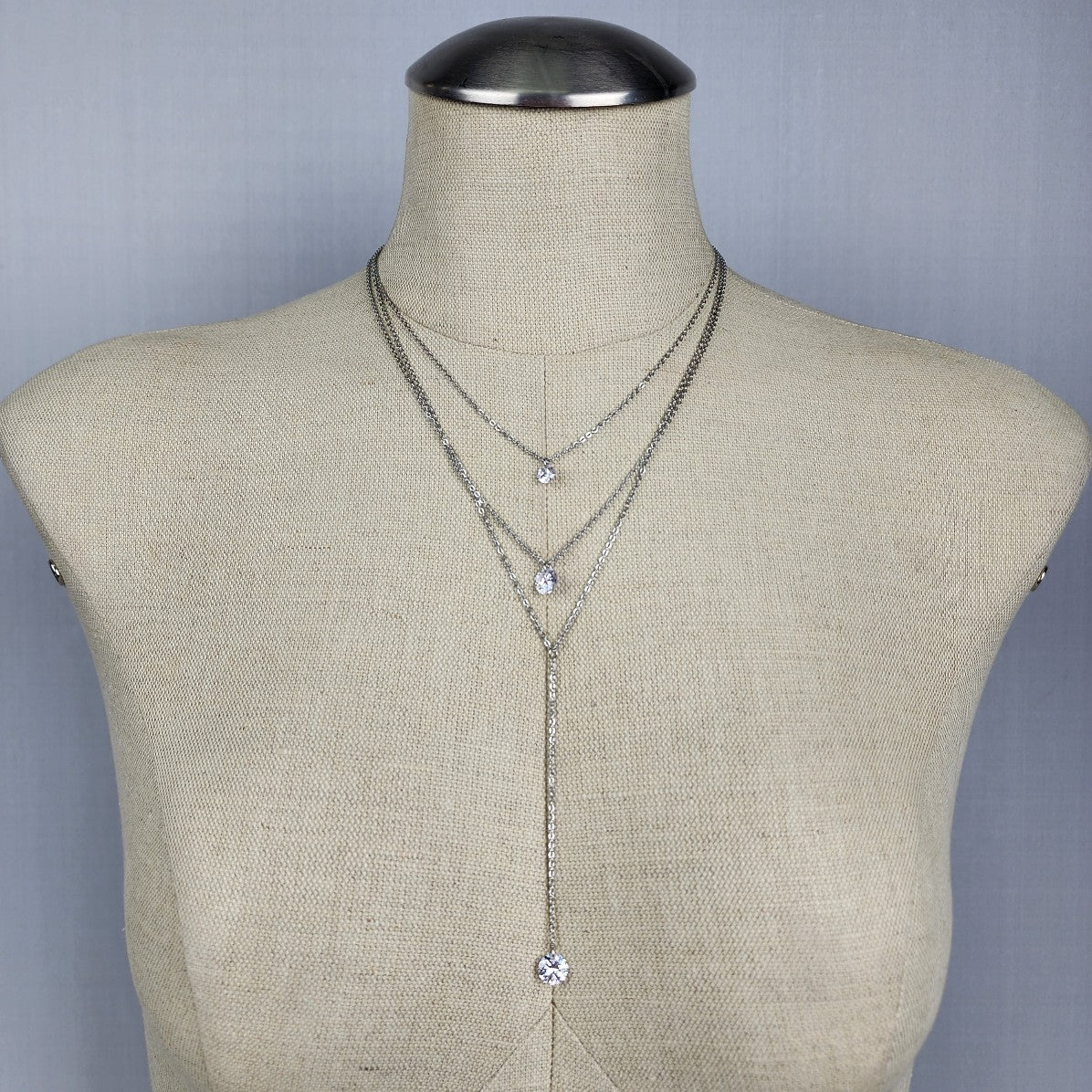 Steel X Stainless Steel Crystal Pendant Layered Delicate Chain Necklace