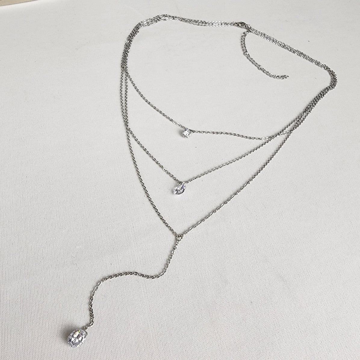 Steel X Stainless Steel Crystal Pendant Layered Delicate Chain Necklace