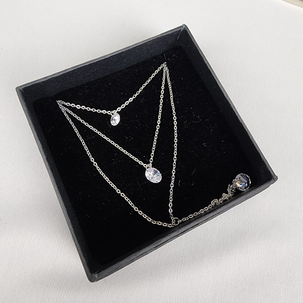 Steel X Stainless Steel Crystal Pendant Layered Delicate Chain Necklace