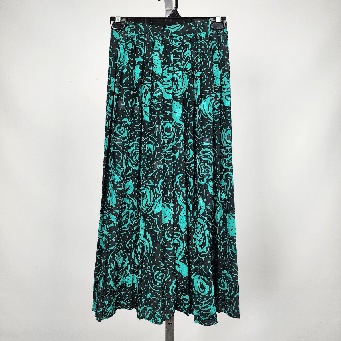 Vintage Black & Green Floral Long Pleated Skirt Size S