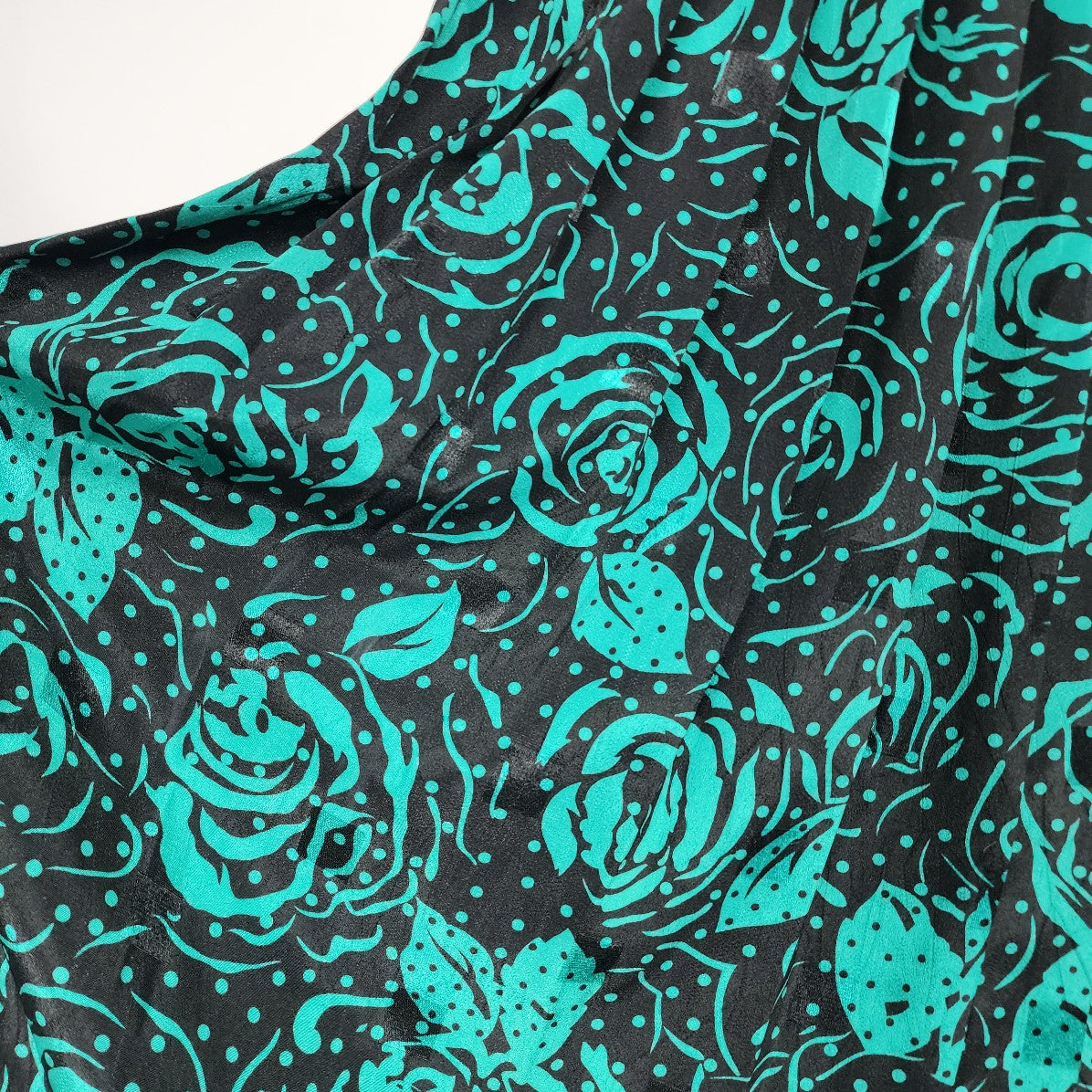 Vintage Black & Green Floral Long Pleated Skirt Size S
