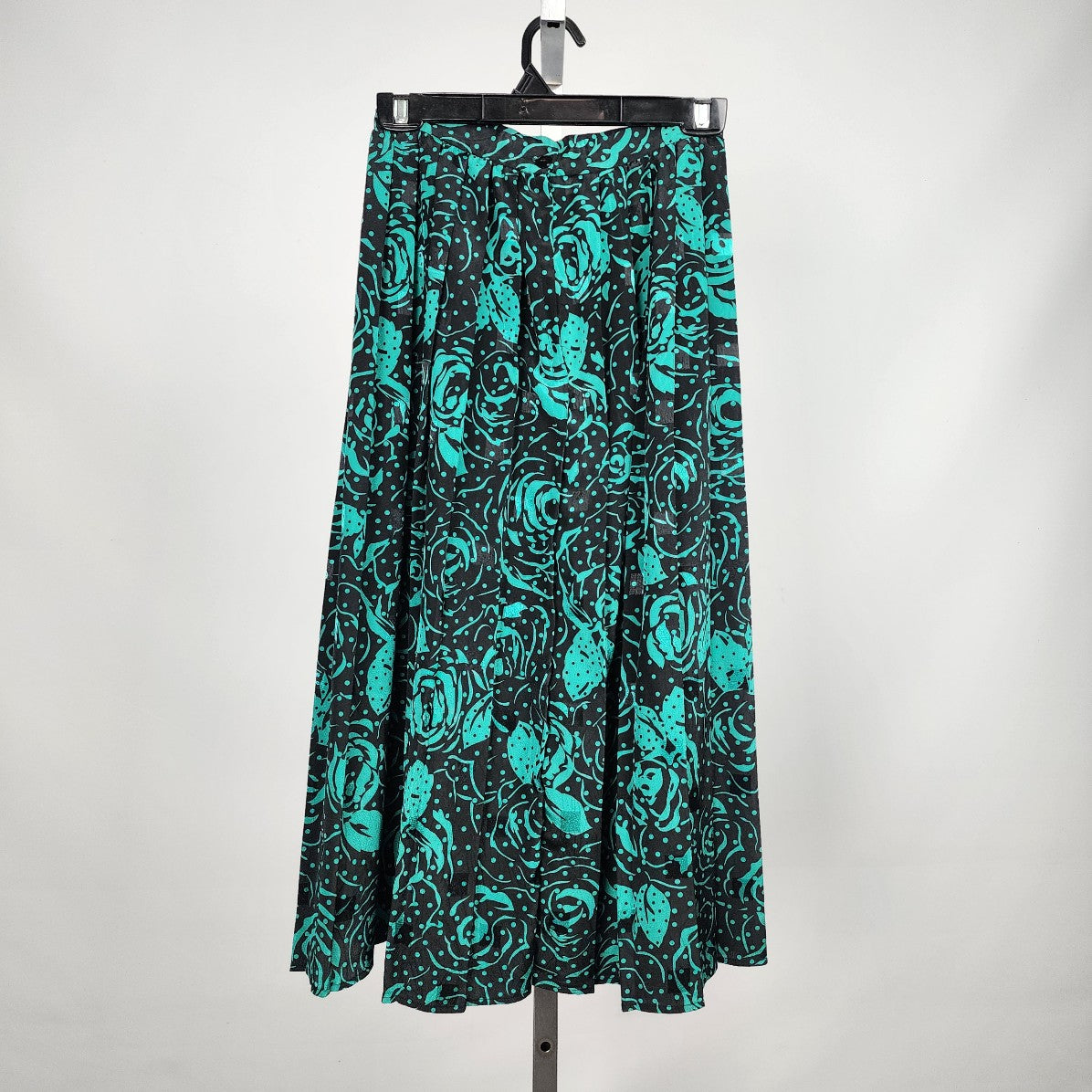 Vintage Black & Green Floral Long Pleated Skirt Size S