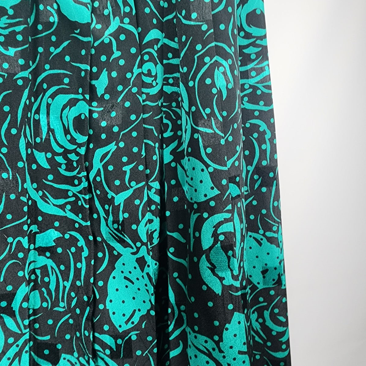Vintage Black & Green Floral Long Pleated Skirt Size S