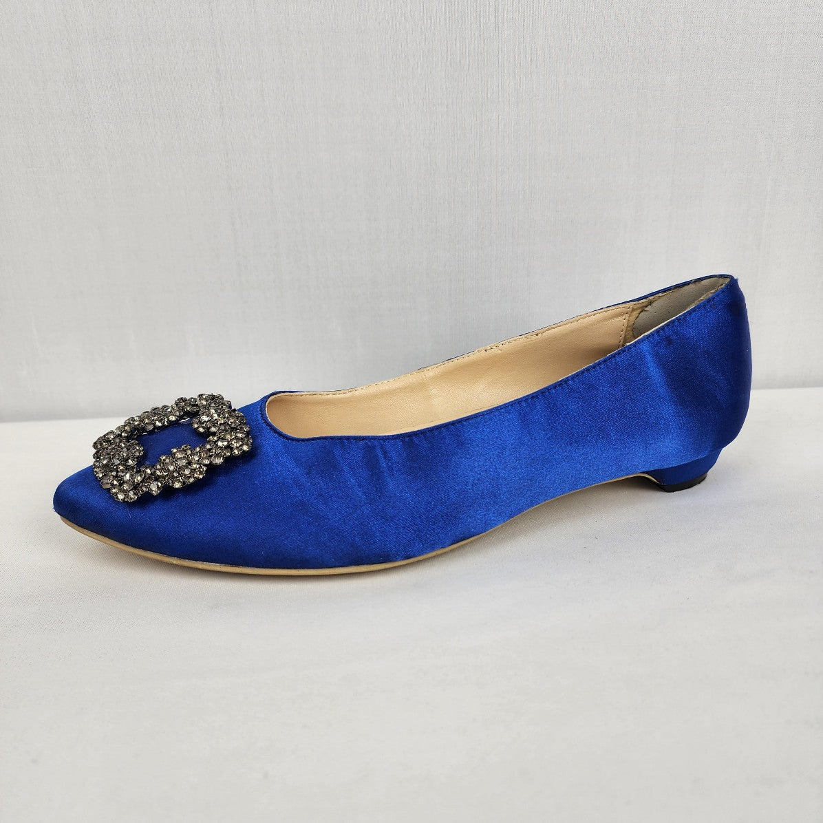 Designer Insprired Blue Satin Rhinestone Buckle Low Heel Shoes Size 8.5