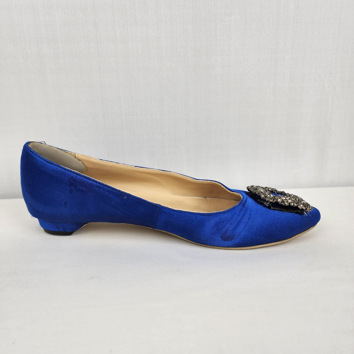 Designer Insprired Blue Satin Rhinestone Buckle Low Heel Shoes Size 8.5