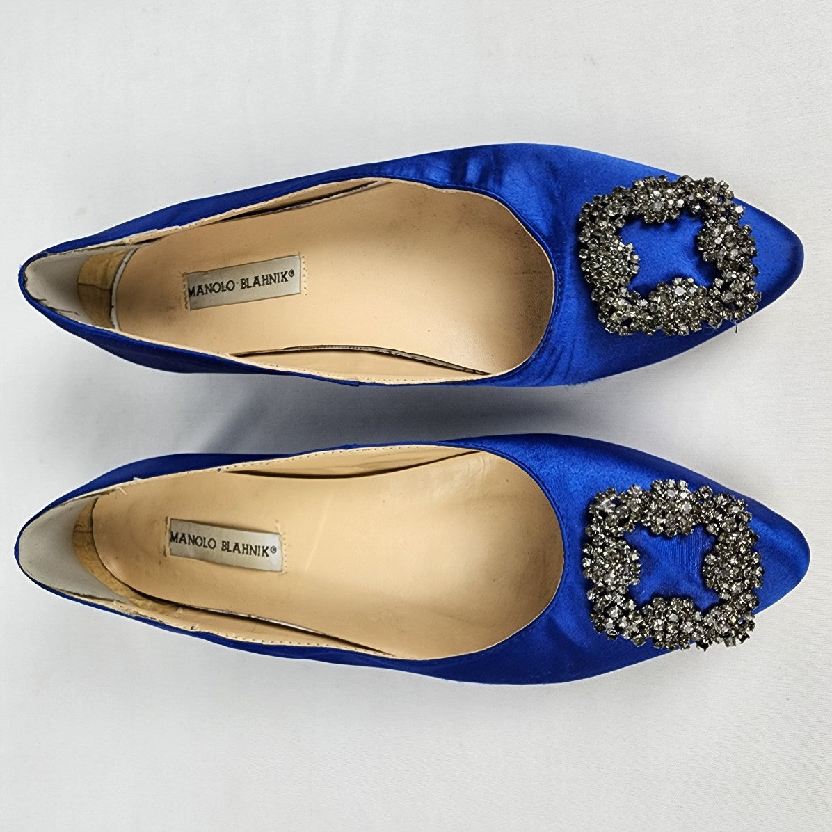 Designer Insprired Blue Satin Rhinestone Buckle Low Heel Shoes Size 8.5