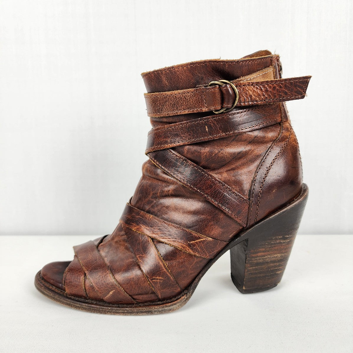 Freebird Joker Brown Leather Peep Toe Booties Size 9