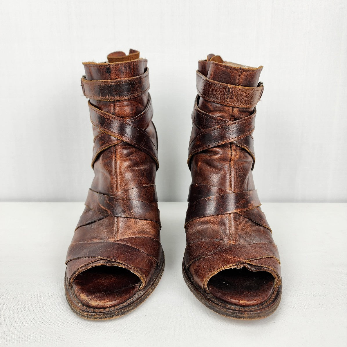 Freebird Joker Brown Leather Peep Toe Booties Size 9