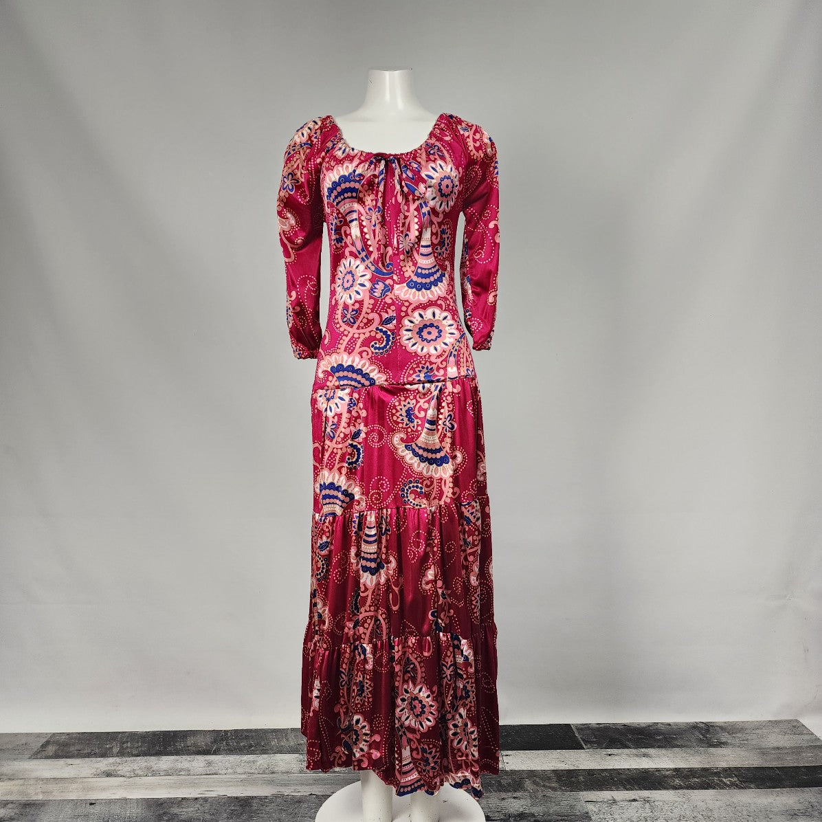 Vintage Kay Bros Red Floral Long Maxi Dress Size S