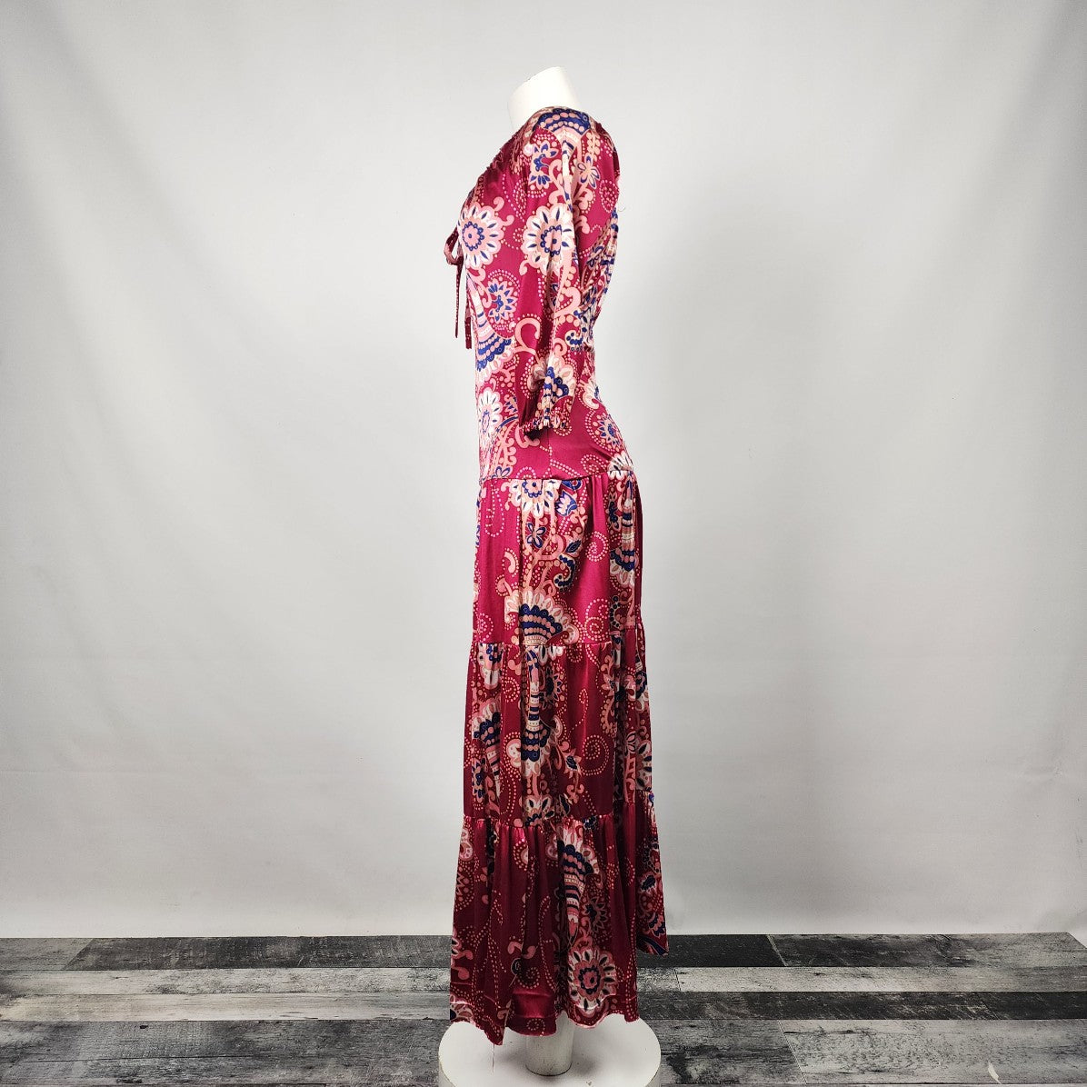Vintage Kay Bros Red Floral Long Maxi Dress Size S