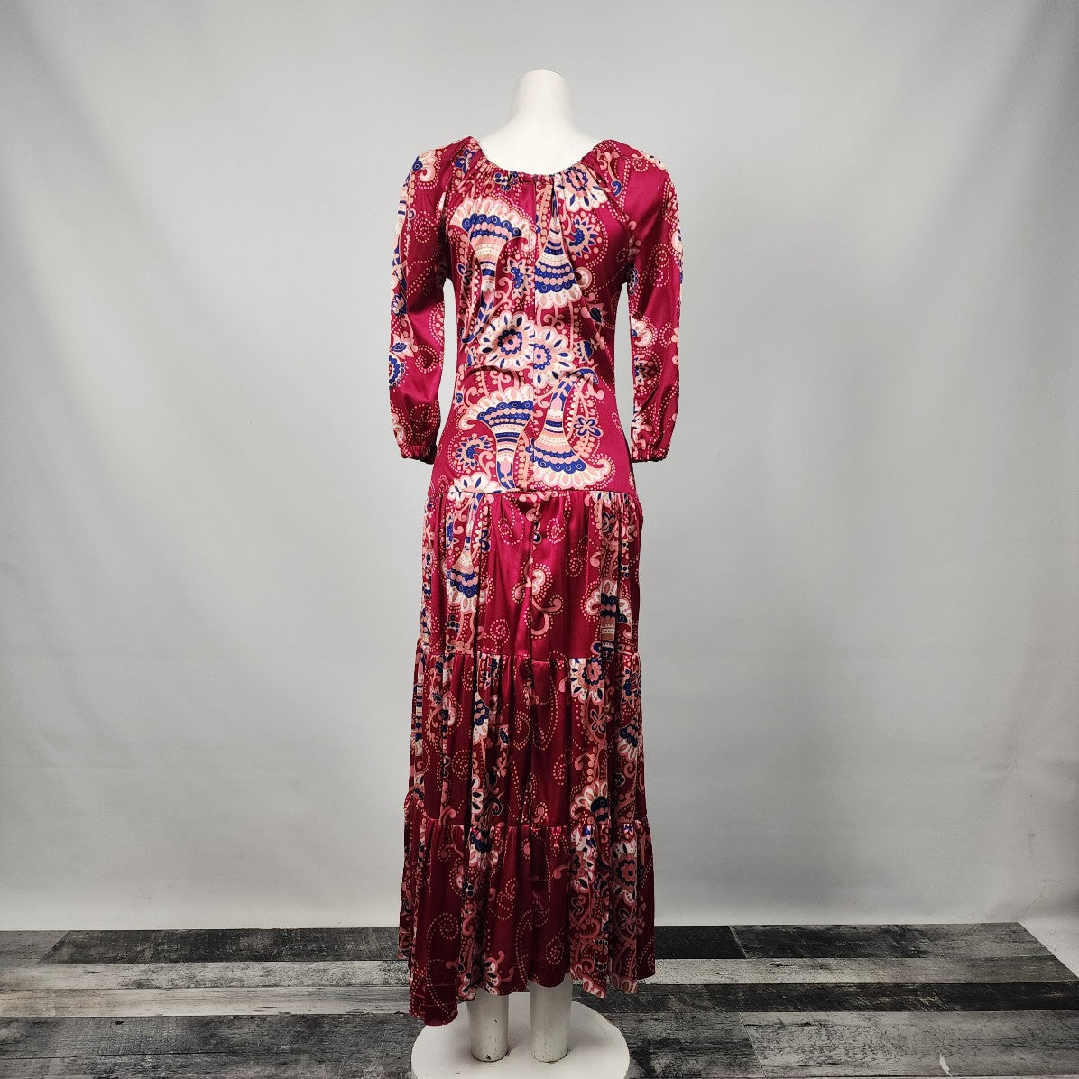 Vintage Kay Bros Red Floral Long Maxi Dress Size S
