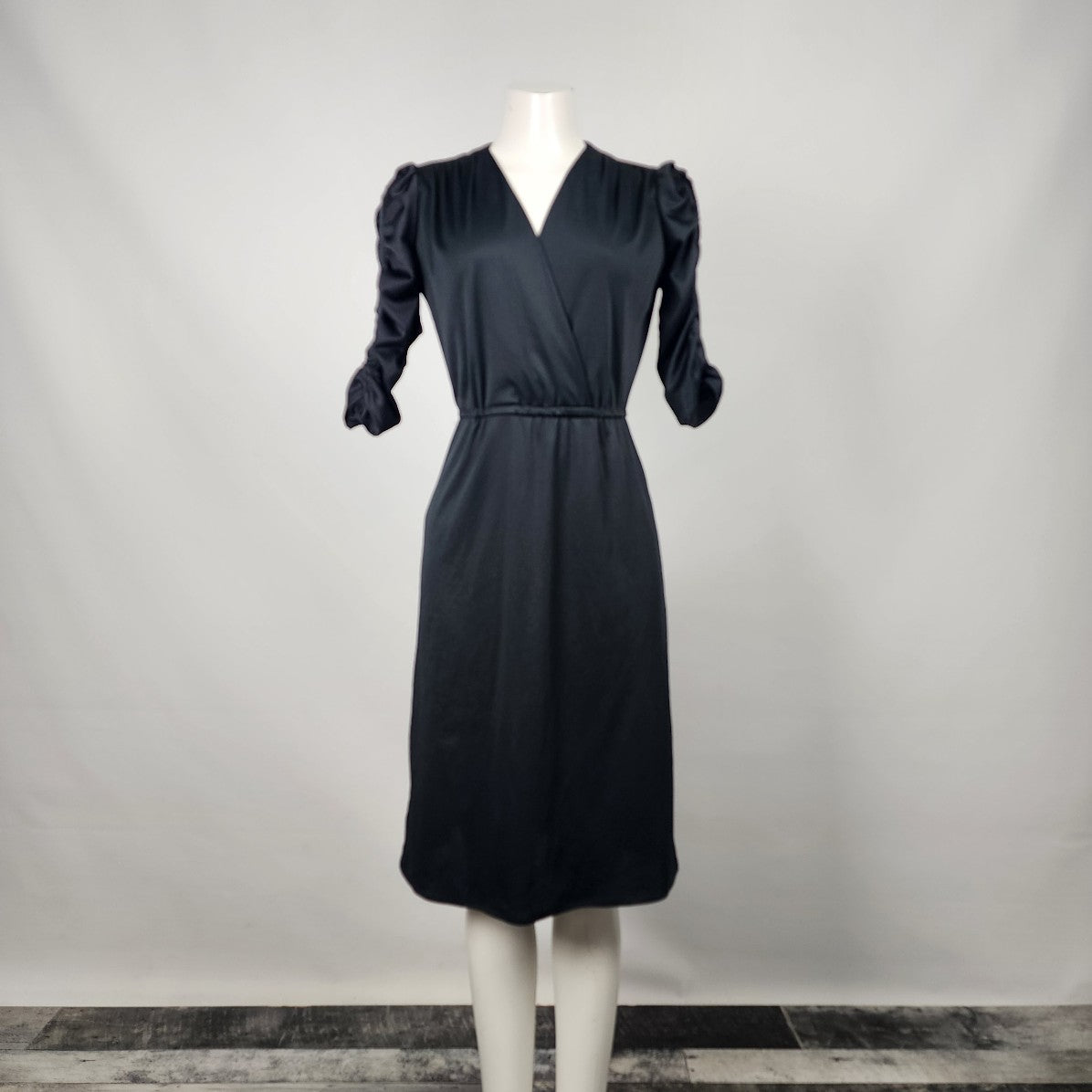 Vintage Black V Neck Ruched Sleeve Fit & Flare Dress Size S