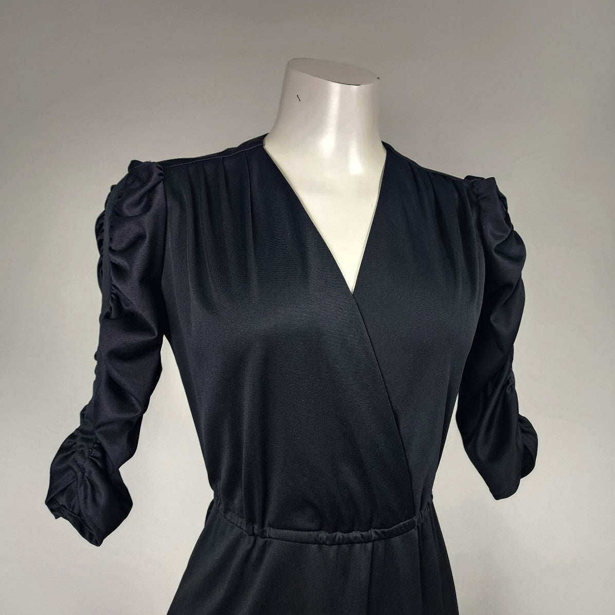 Vintage Black V Neck Ruched Sleeve Fit & Flare Dress Size S