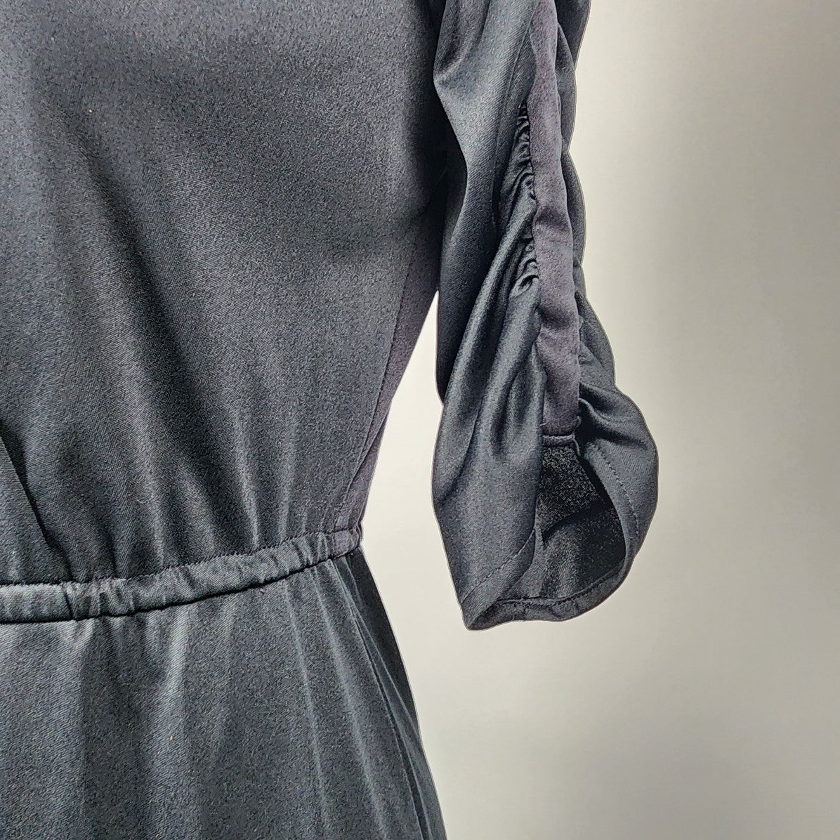 Vintage Black V Neck Ruched Sleeve Fit & Flare Dress Size S