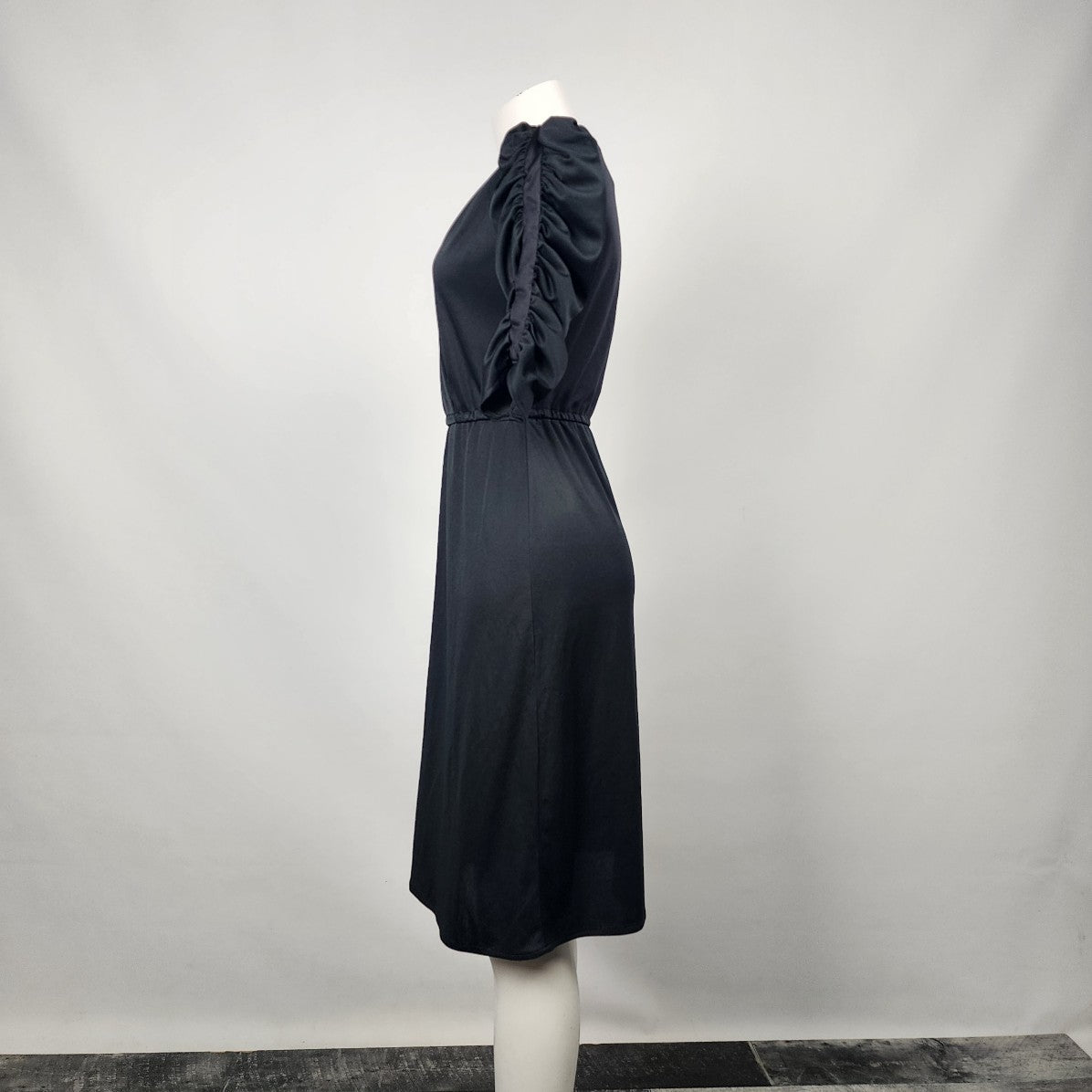 Vintage Black V Neck Ruched Sleeve Fit & Flare Dress Size S