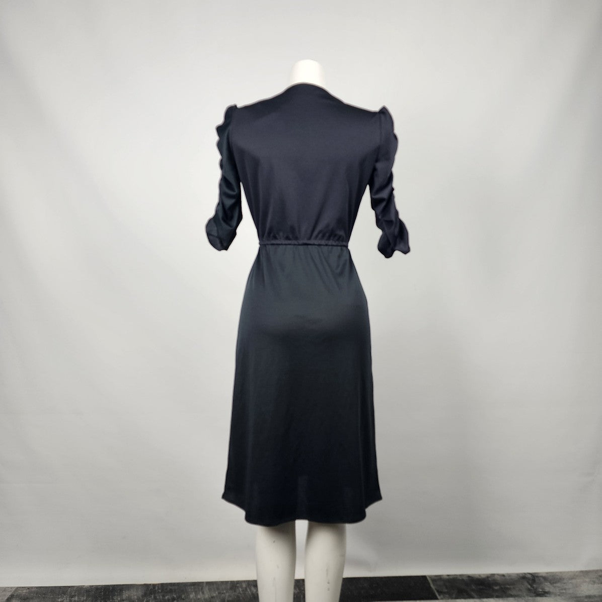 Vintage Black V Neck Ruched Sleeve Fit & Flare Dress Size S