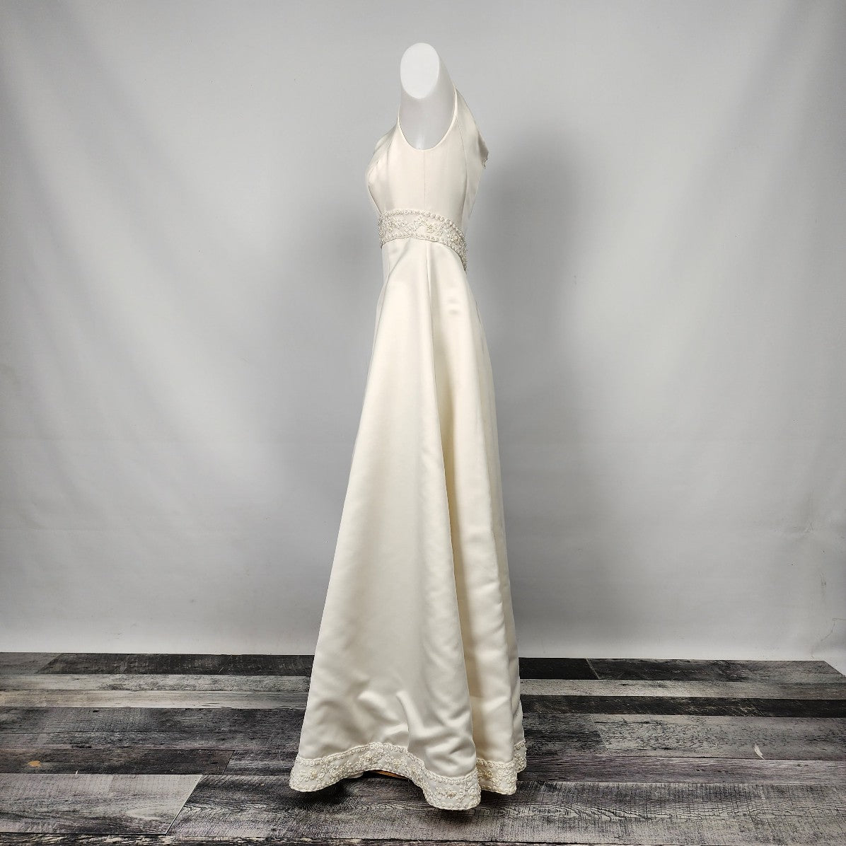 Vintage Ivory Satin Beaded Lace Wedding Gown Size XS