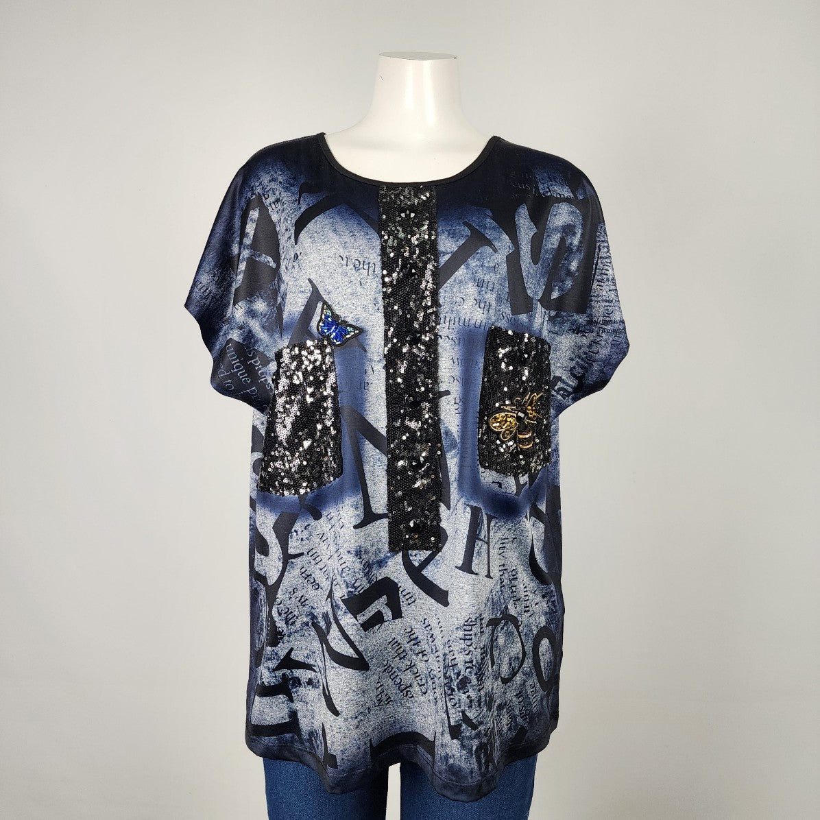 Grande Madame Blue News Print Sequined Top Size M