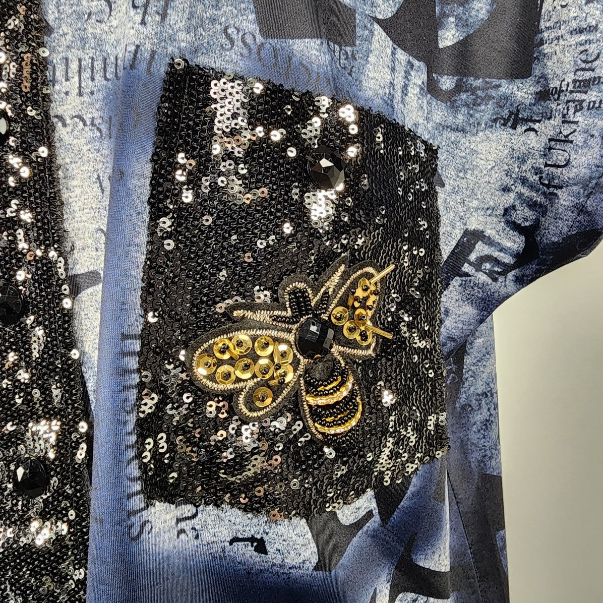 Grande Madame Blue News Print Sequined Top Size M