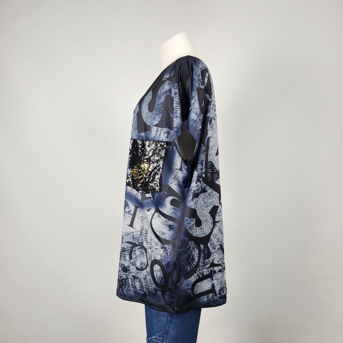 Grande Madame Blue News Print Sequined Top Size M