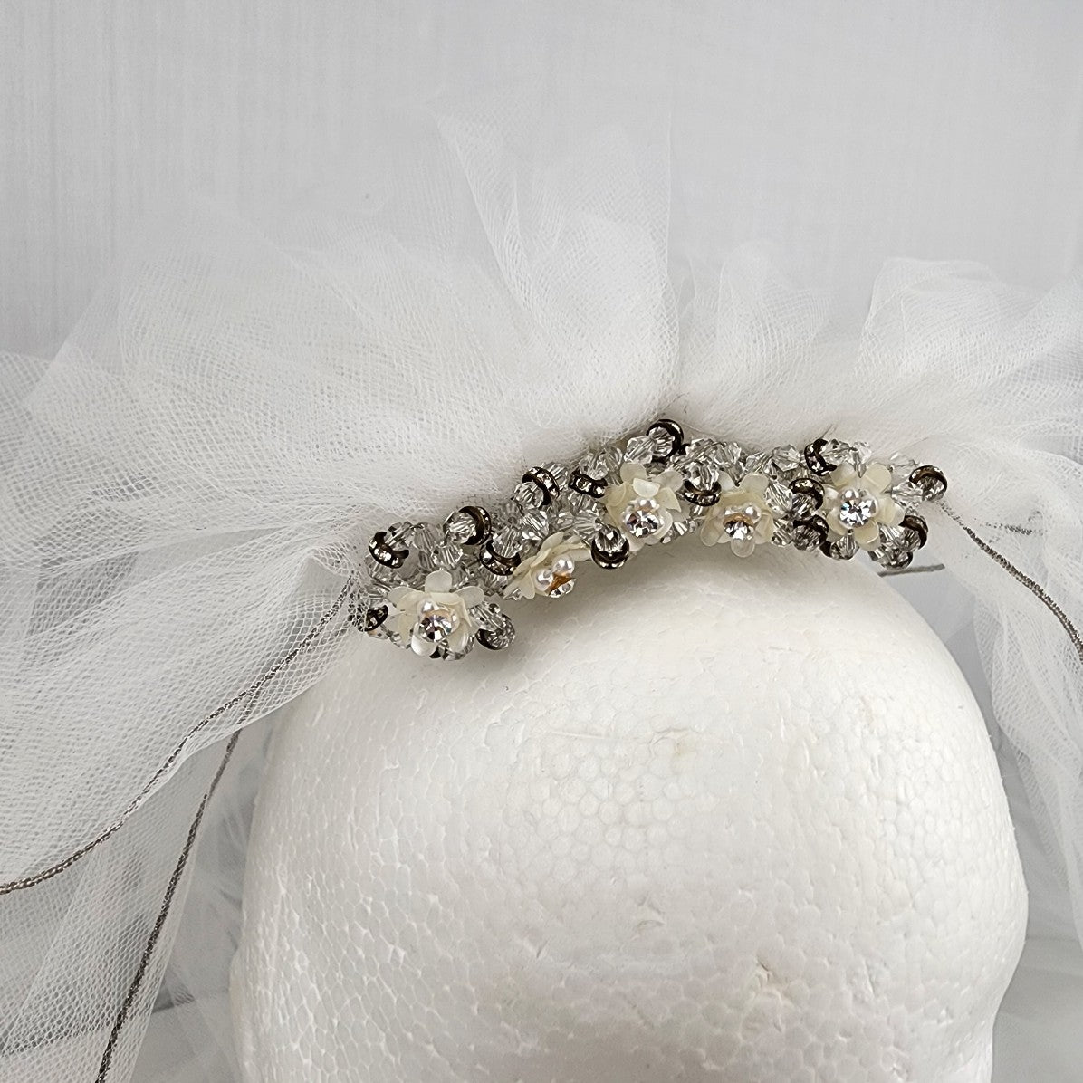White 2 Layer Beaded Comb Silver Trim Veil