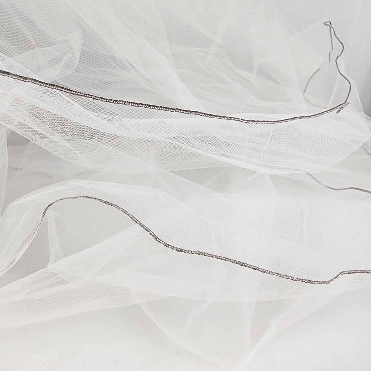 White 2 Layer Beaded Comb Silver Trim Veil