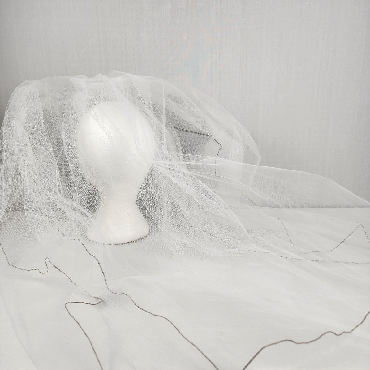 White 2 Layer Beaded Comb Silver Trim Veil