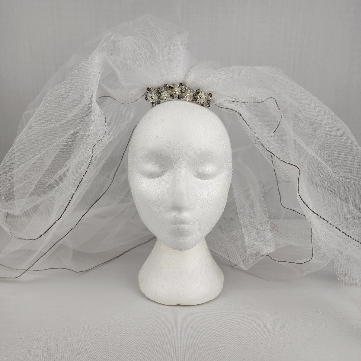 White 2 Layer Beaded Comb Silver Trim Veil