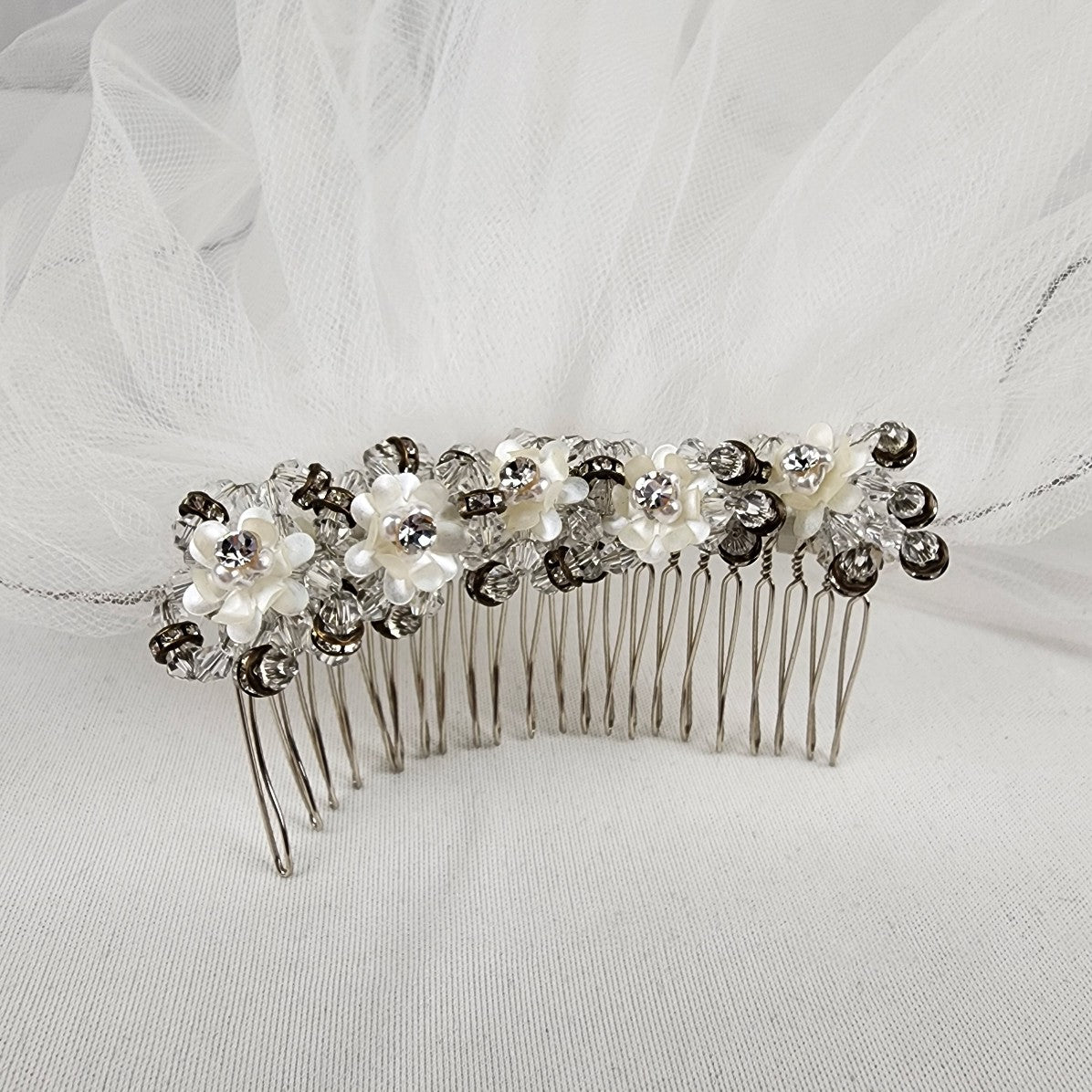 White 2 Layer Beaded Comb Silver Trim Veil