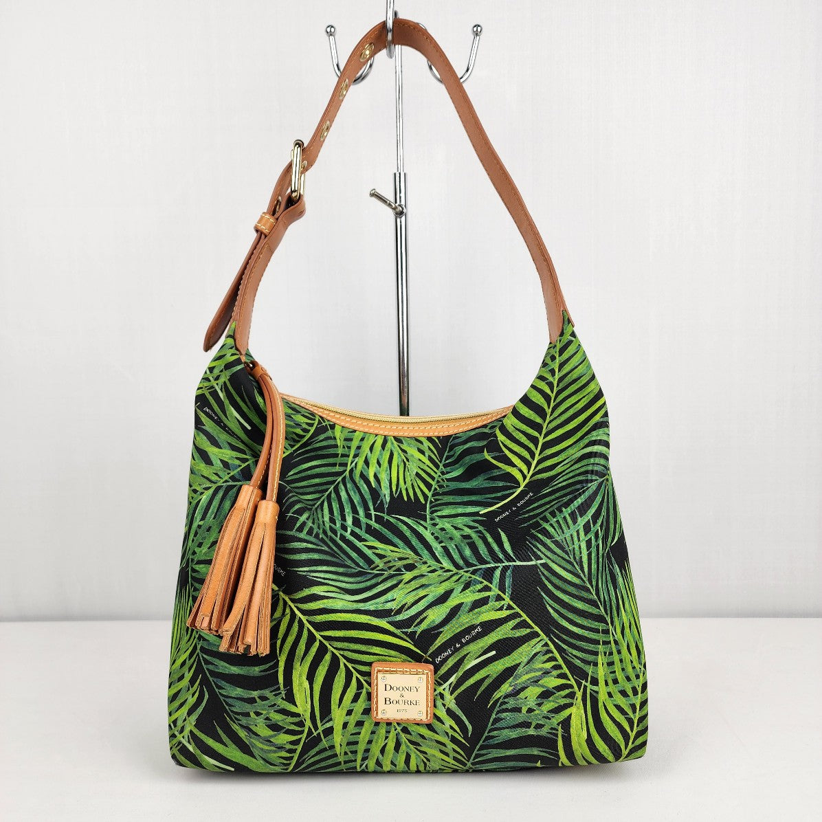 Dooney & Bourke Leather Trimmed Green Tropical Print Shoulder Purse