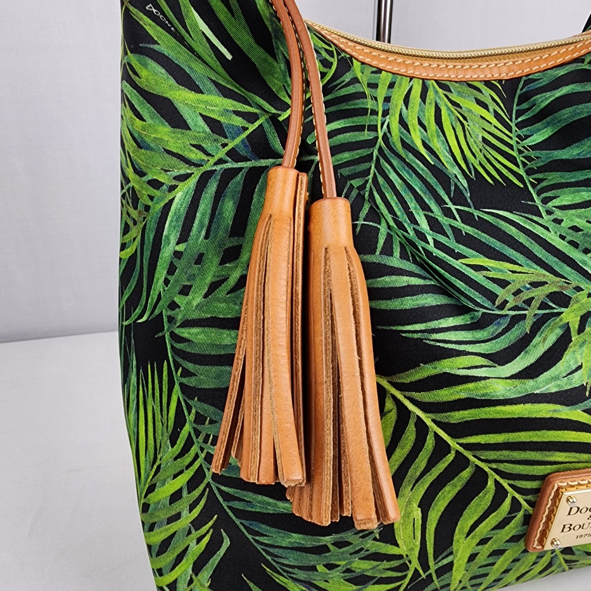 Dooney & Bourke Leather Trimmed Green Tropical Print Shoulder Purse