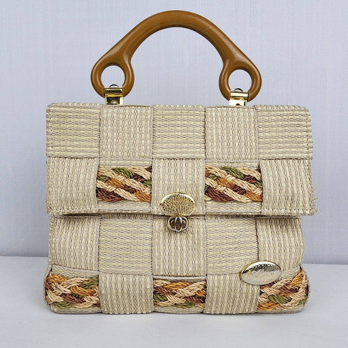 Vintage Alma Beige Woven Top Handle Clutch Purse