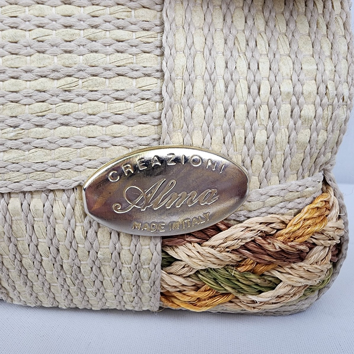 Vintage Alma Beige Woven Top Handle Clutch Purse