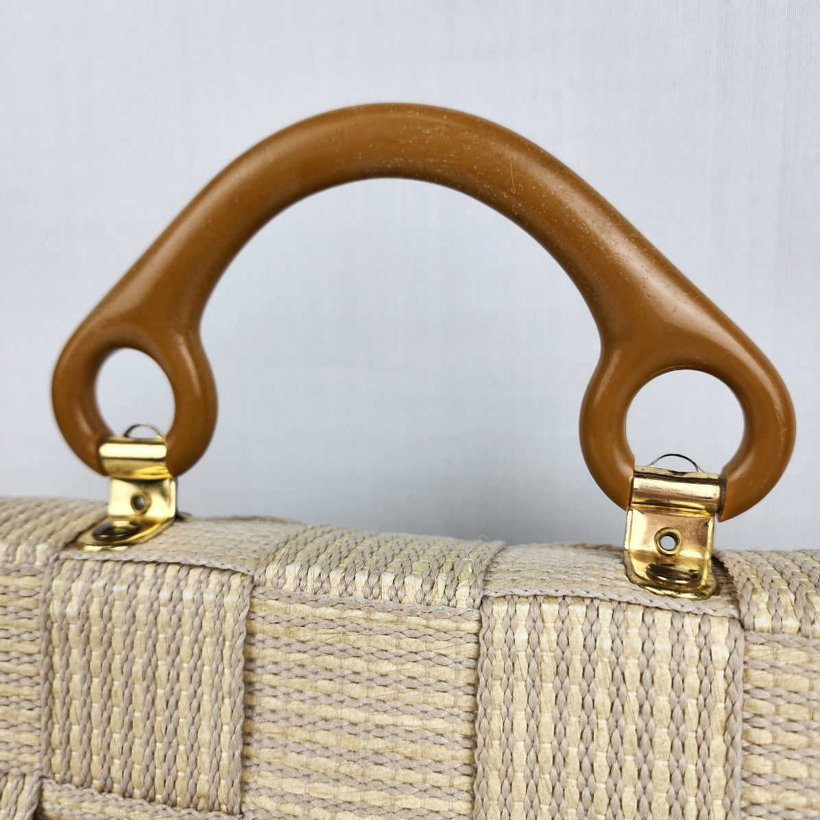 Vintage Alma Beige Woven Top Handle Clutch Purse