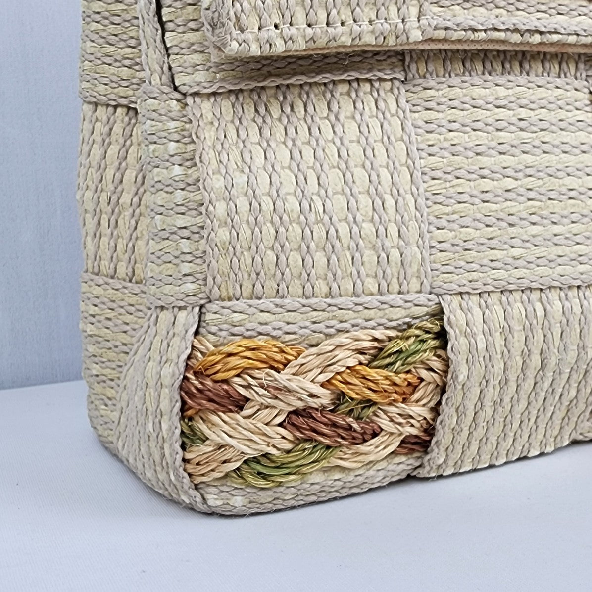 Vintage Alma Beige Woven Top Handle Clutch Purse