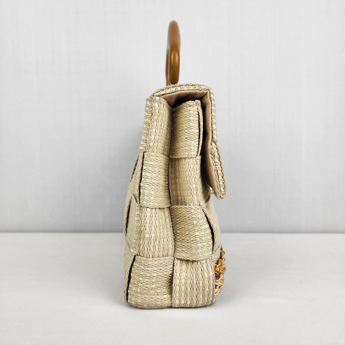 Vintage Alma Beige Woven Top Handle Clutch Purse