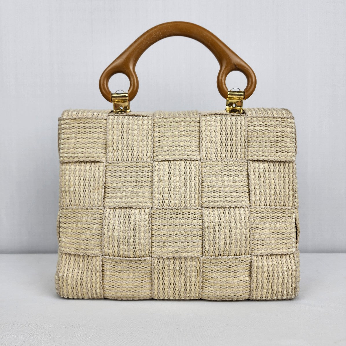 Vintage Alma Beige Woven Top Handle Clutch Purse